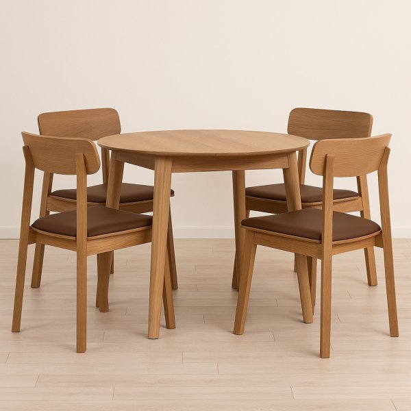 Spisegruppe Genova 90-130x90 cm i oljet eik med 4 Kleppen-stoler i eik og brunt PU