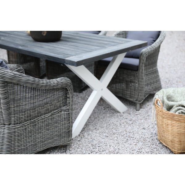 Oxford utend�rs spisegruppe: gr�tt/hvitt bord 220 cm, inkludert 6 stk. Mercury lenestoler i gr� kunstrotting