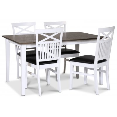 Skagen spisegruppe; klassisk spisebord 140x90 cm - Hvit / brunoljet eik med 4 Fårö stoler (Kryss i ryggen) med svart PU-sete