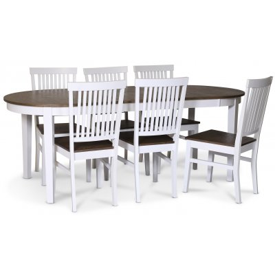 Skagen spisegruppe; spisebord 160/210x90 cm - Hvit / brunoljet eik med 6 skagenstoler med brunt sete