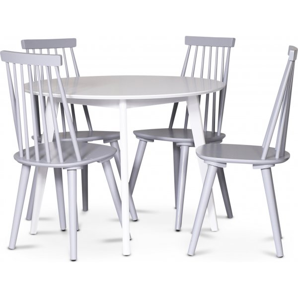 Sandhamn spisegruppe; rundt spisebord med 4 gr� Dalsland pinnestoler