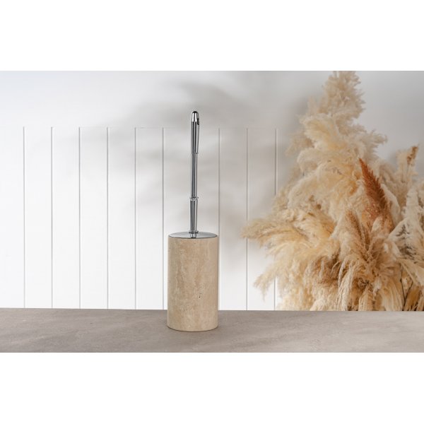 Toalettbørste med stativ i beige travertinmarmor Toalettbørste med stativ i beige travertinmarmor