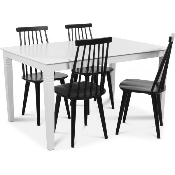 Mellby spisegruppe 140 cm bord med 4 sorte Dalsland knaggstoler - Hvit / Sort