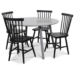 Rosvik spisegruppe grtt rundt bord med 4 sorte Karl Pinnstolar - Gr / Sort + 3.00 x Mbelftter