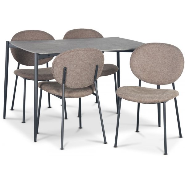 Lokrume spisegruppe med bord p 120 cm i betongimitasjon + 4 stk Tofta brune stoler