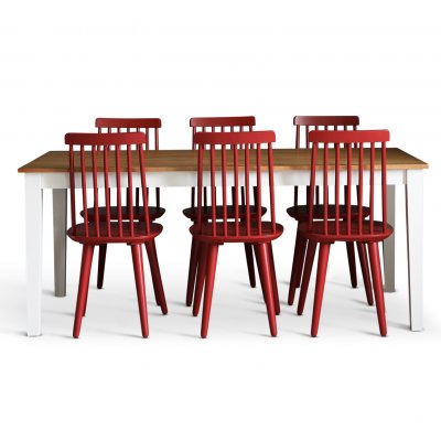 Dalsland spisegruppe: Spisebord i Eik/Hvit med 6 rde Pinnstola