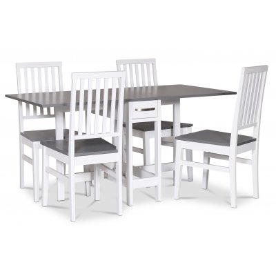 Fr spisegruppe; Fr klaffbord i hvit/gr med 4 Fr spisestoler