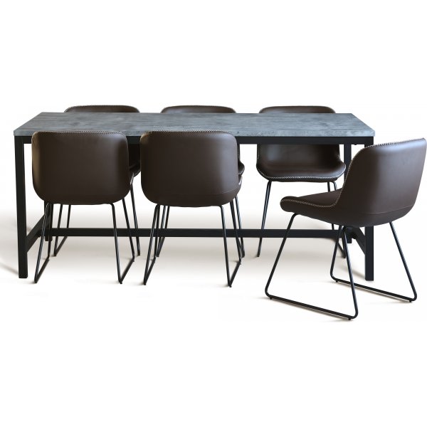 Texas spisegruppe med 6 Texas spisestoler Brun PU + Texas spisebord i betong 180x90 cm
