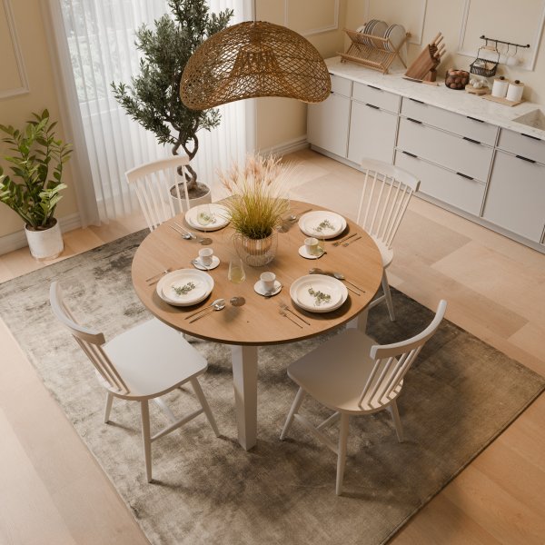 Spisesett: Dalar�s rundt spisebord hvit/oljet eik inkl. 4 Karl kurvstoler