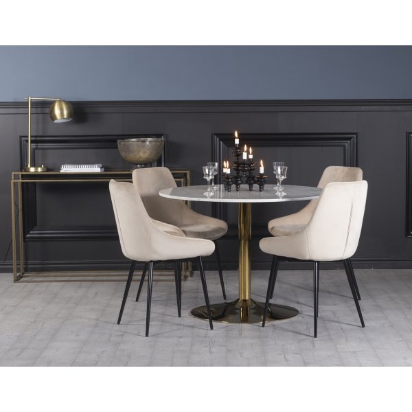 Plaza spisegruppe, marmorbord med 4 st Theo flyelstoler - Beige/Hvit/Messing