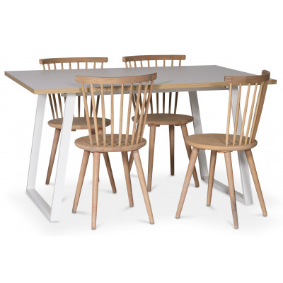 Edge spisegruppe; Spisebord i hvit HPL 140x90 cm med 4 Castor stokkstoler i hvitvask
