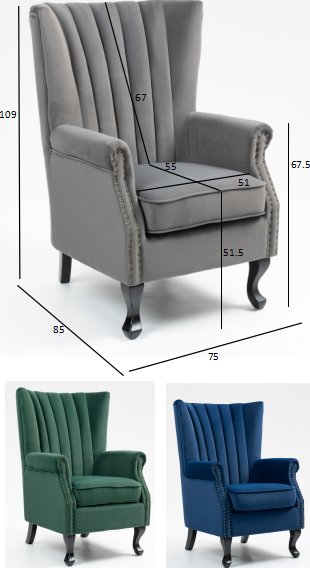 Øreklaff lenestol i grå fløyel Øreklaff lenestol i grå fløyel