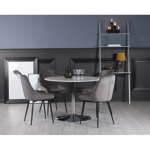 Plaza spisegruppe, marmorbord med 4 st Theo flyelstoler - Gr/Hvit/Krom