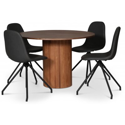 Cobe spisegruppe; rundt spisebord + 4 stk Bridge svingbare spisestoler, svart PU