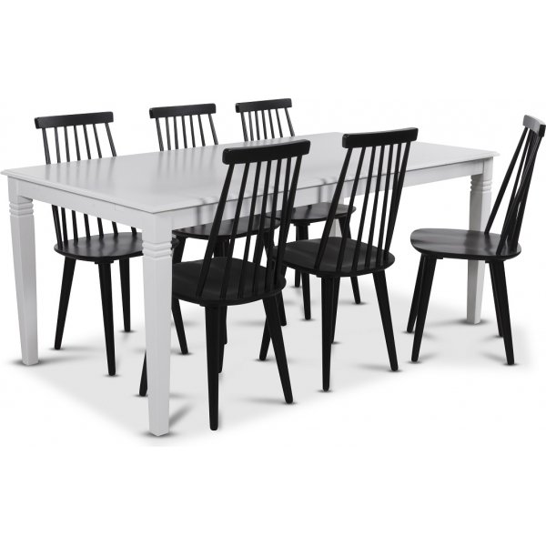 Mellby spisegruppe 180 cm bord med 6 stk sorte Dalsland Pinnstolar