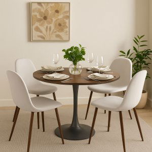 Olmo spisebord Ø90 cm i valnøtt/svart med 4 Alfred spisestoler i beige fløyel og ben i valnøtt Olmo spisebord Ø90 cm i valnøtt/svart med 4 Alfred spisestoler i beige fløyel og ben i valnøtt