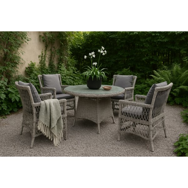 Utendrsgruppe; 4 stoler og spisebord 110 cm gr/rotting - Jacksonville/Provence