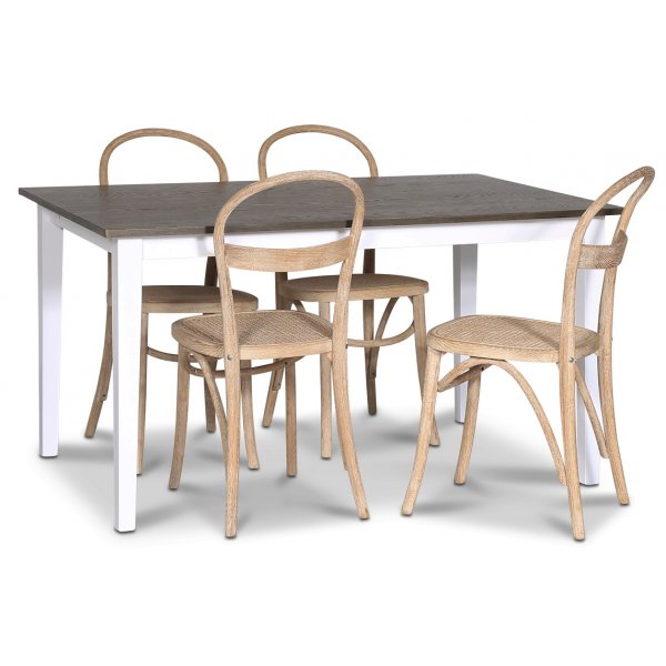 Skagen spisegruppe; spisebord 140 cm - Hvit / brunbeiset eik med 4 stk Danderyd No.16 spisestoler whitewash