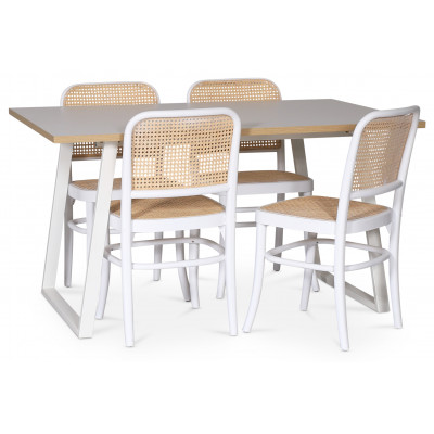 Edge dining gruppe; Spisebord i hvit HPL 140x90 cm med 4 hvite Tyko stoler med rotting