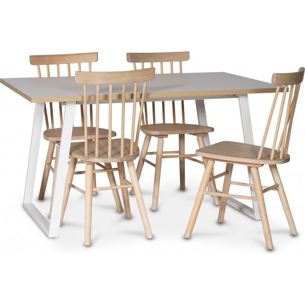 Edge spisegruppe; Spisebord i hvit HPL 140x90 cm med 4 Orust stokkstoler i hvitvask