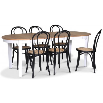 Fårö spisegruppe; Ovalt spisebord 160-210 cm - Hvit / Oljet eik med 6 stk Danderyd No.18 spisestoler Svart