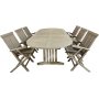 Salt utespisegruppe. Ovalt bord p 180-240 cm med 6 spisestoler med armlener - Gr teak