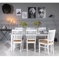Gåsö spisegruppe: Bord 180 cm inkludert 6 Fårö stoler - Hvit/Eik Gåsö spisegruppe: Bord 180 cm inkludert 6 Fårö stoler - Hvit/Eik