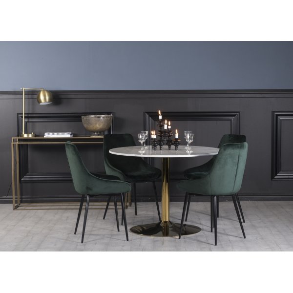 Plaza spisegruppe, marmorbord med 4 st Theo flyelstoler - Grnn/Hvit/Messing