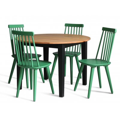 Dalsland spisegruppe: Rundt bord i Eik/Sort med 4 grnne Cane stoler